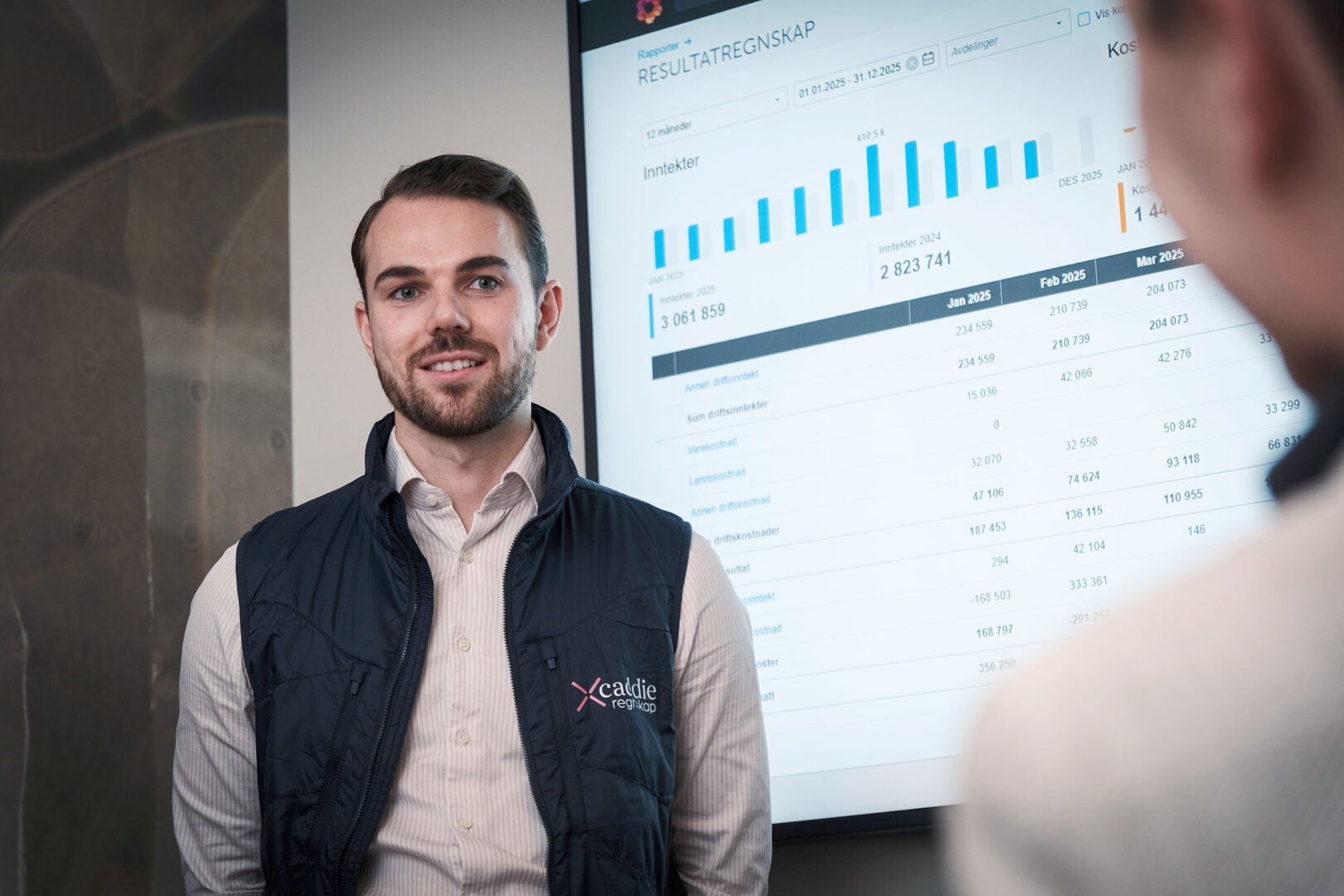 A person is standing in front of a large screen displaying financial reports and charts during a meeting, wearing branded company clothing and speaking to colleagues.